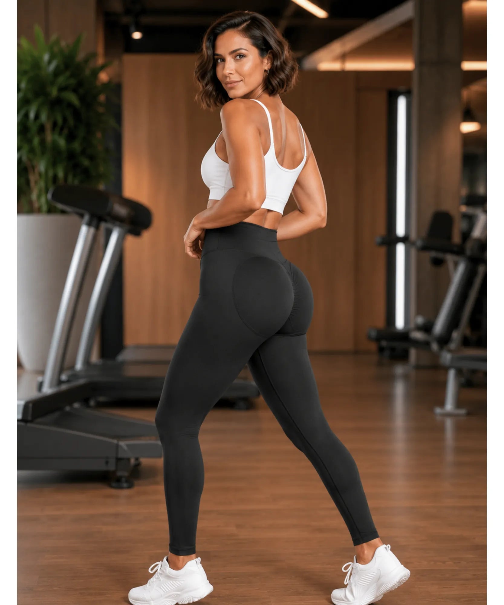 Comprar calça legging canelada cintura alta com enrugado no bumbum fitness barato em promoção ANELLIMN
