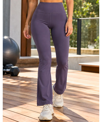 Calça legging flare roxa de cintura alta vista de frente