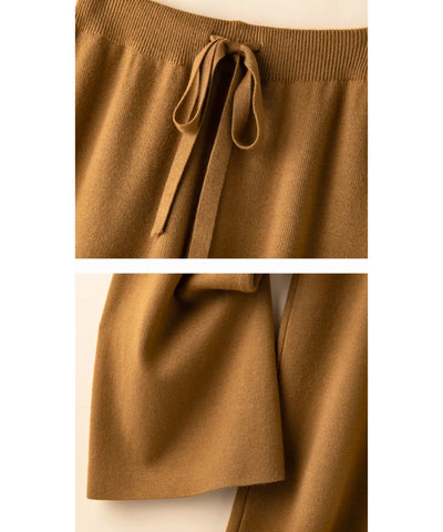 Detalhes em macro da calça de malha feminina amarelo mostarda: cós canelado com cordão e caimento da perna | Anellimn