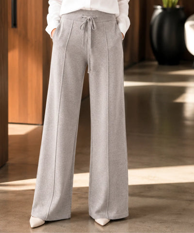 Calça de malha feminina wide leg cinza claro com vinco costurado na frente de cada perna | Anellimn