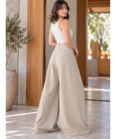Comprar calça palazzo feminina cintura alta bege em promoção Anellimn