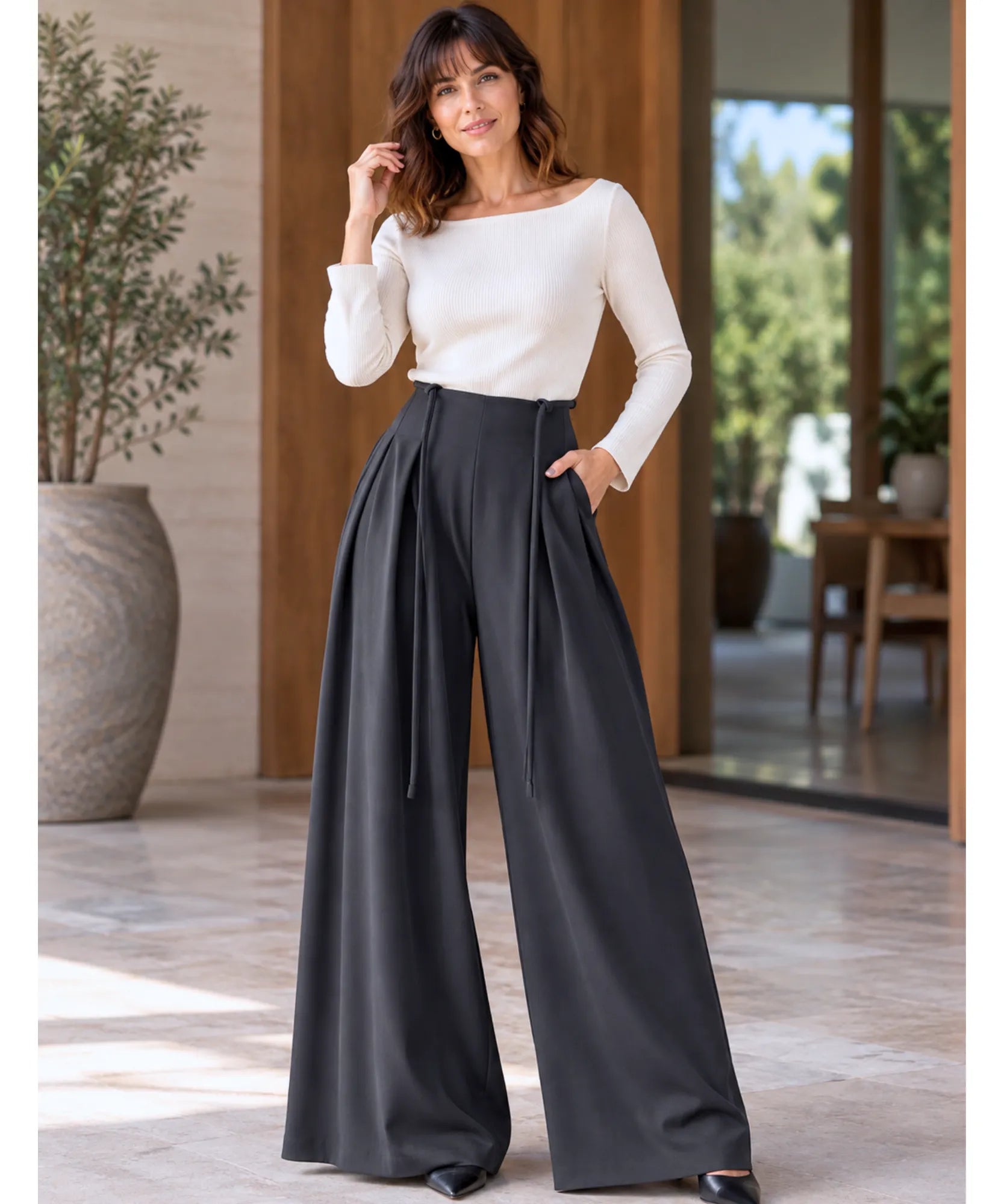 Comprar calça palazzo feminina com pregas cinza em promoção Anellimn