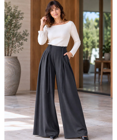 Comprar calça palazzo feminina com pregas cinza em promoção Anellimn