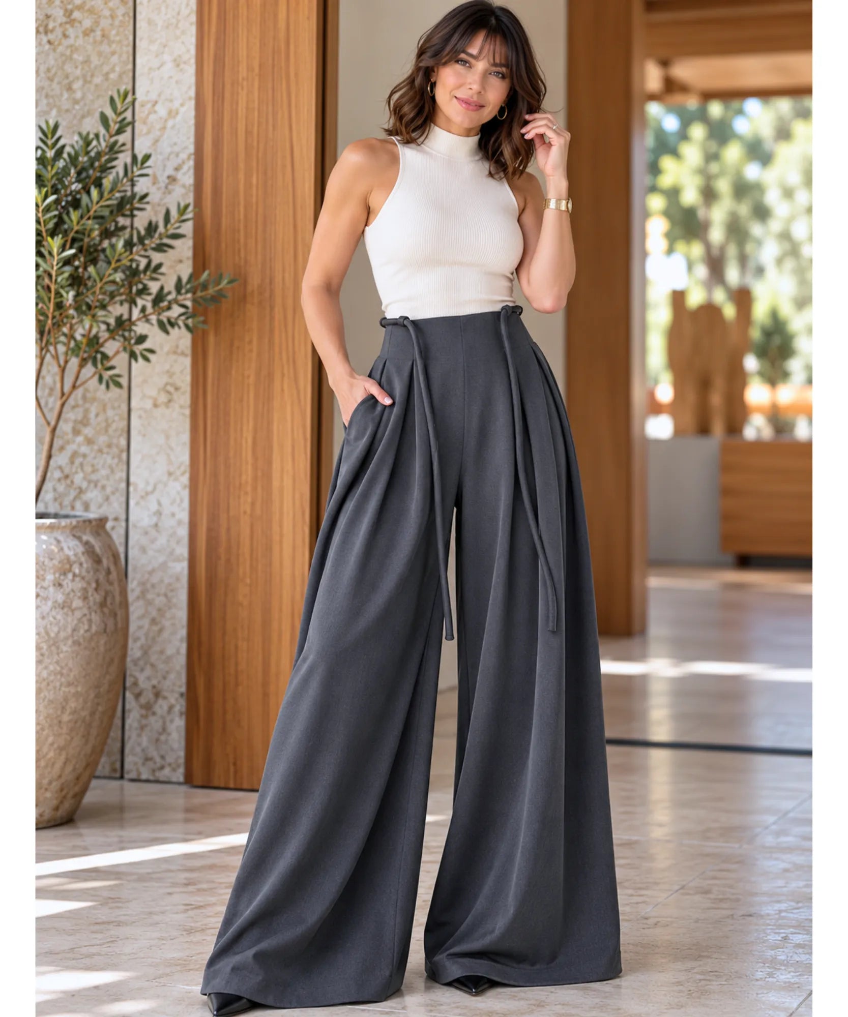 Comprar calça palazzo feminina wide leg cinza em promoção Anellimn