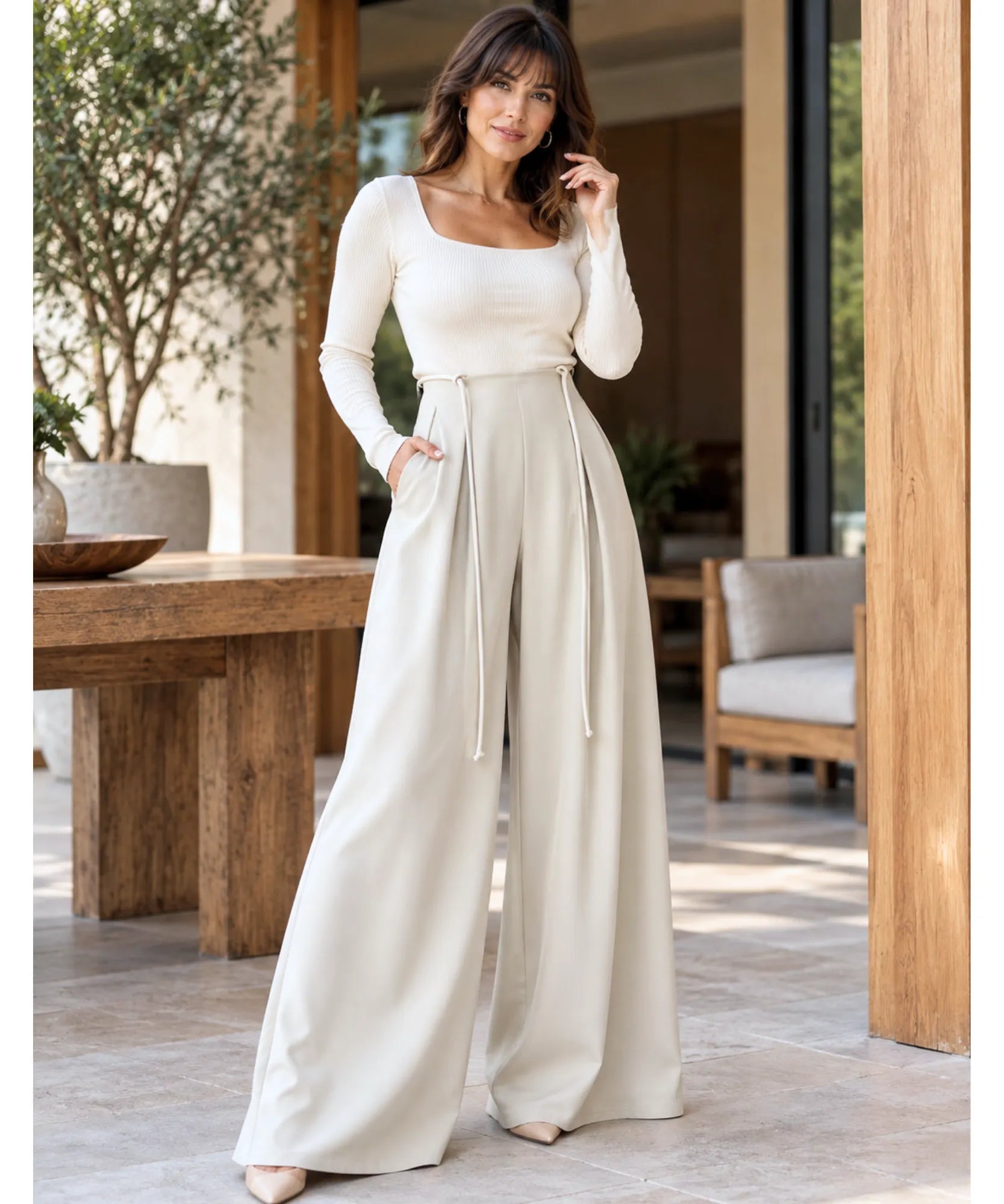 Comprar calça palazzo feminina com amarração off white em promoção Anellimn