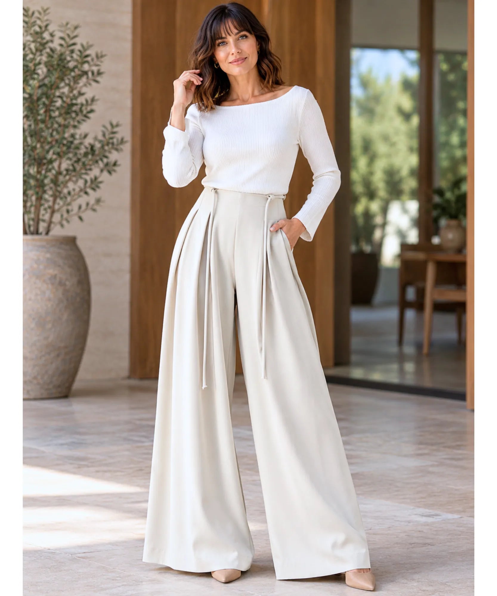 Comprar calça palazzo feminina cintura alta off white em promoção Anellimn