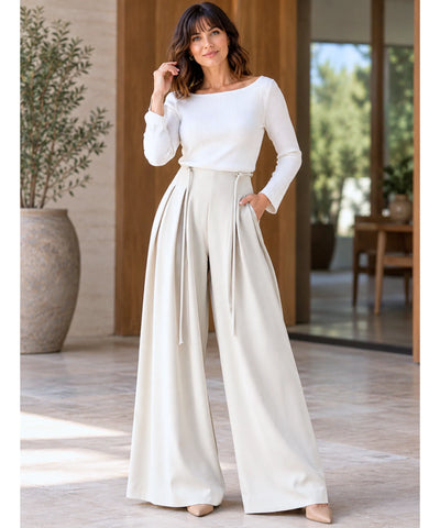 Comprar calça palazzo feminina cintura alta off white em promoção Anellimn