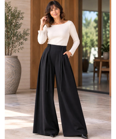Comprar calça palazzo feminina com pregas preta em promoção Anellimn