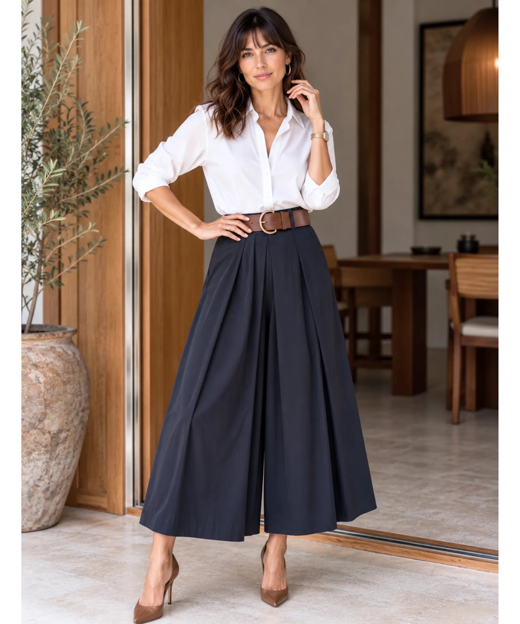 Comprar calça pantacourt feminina com pregas e cinto azul marinho barata Anellimn
