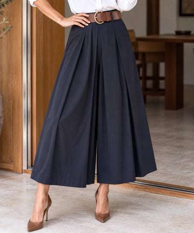 Comprar calça pantacourt feminina cintura alta com pregas azul marinho barata Anellimn