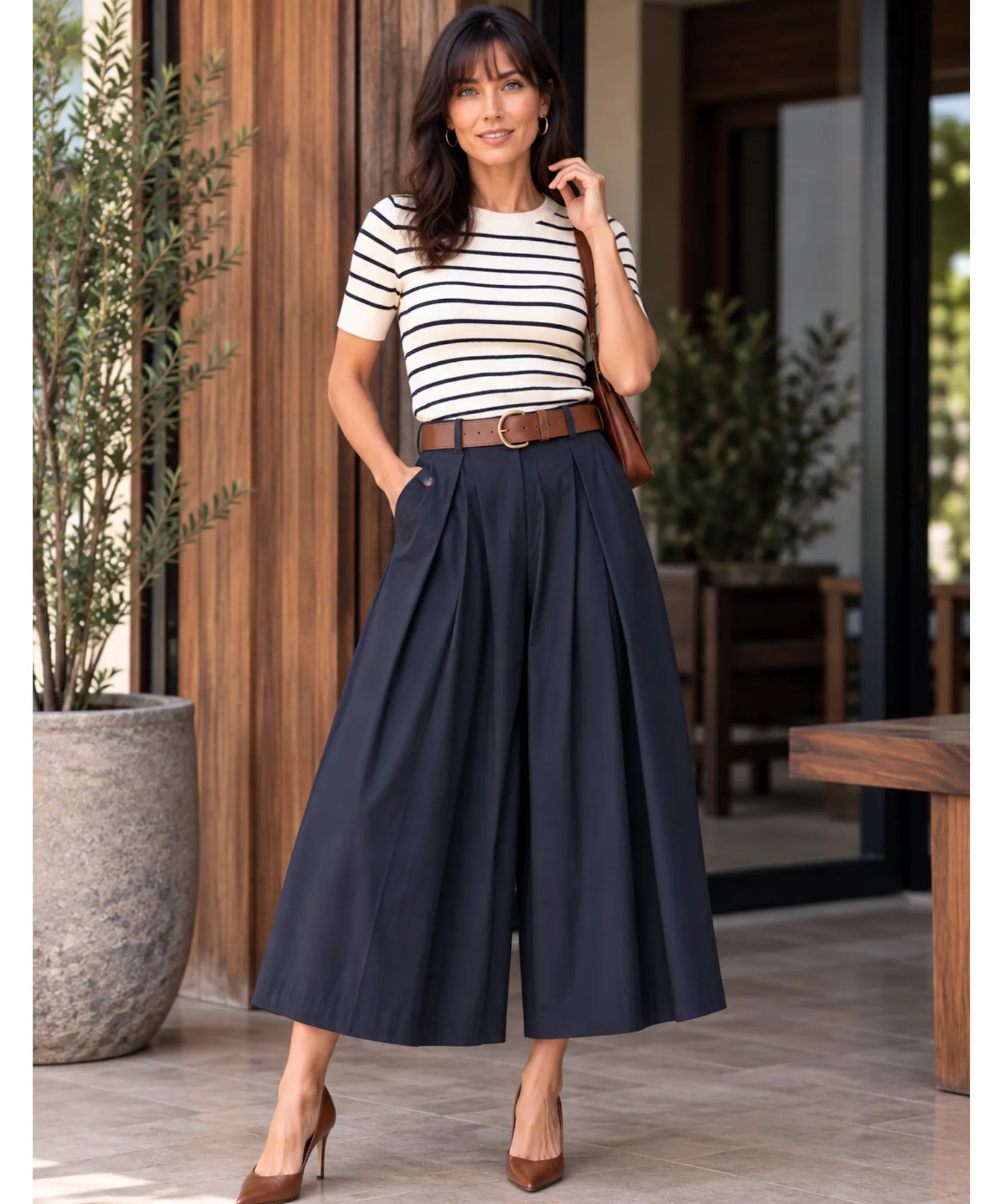Comprar calça pantacourt feminina casual com cinto azul marinho barata Anellimn