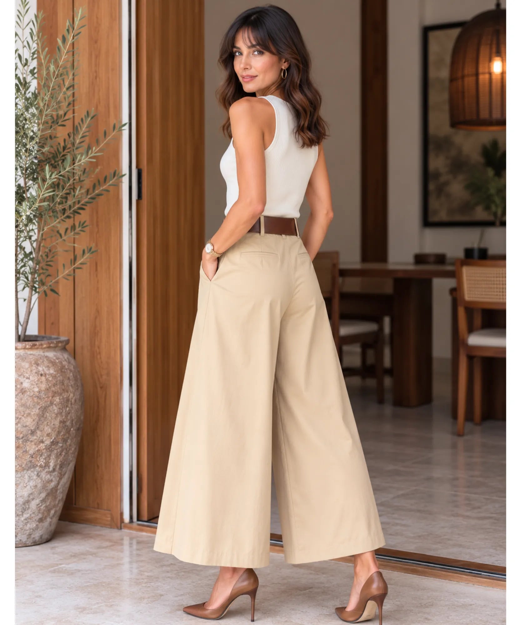 Comprar calça pantacourt feminina com pregas e cinto bege barata Anellimn
