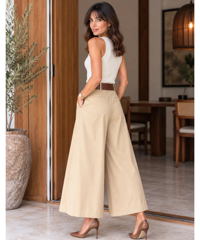 Comprar calça pantacourt feminina com pregas e cinto bege barata Anellimn