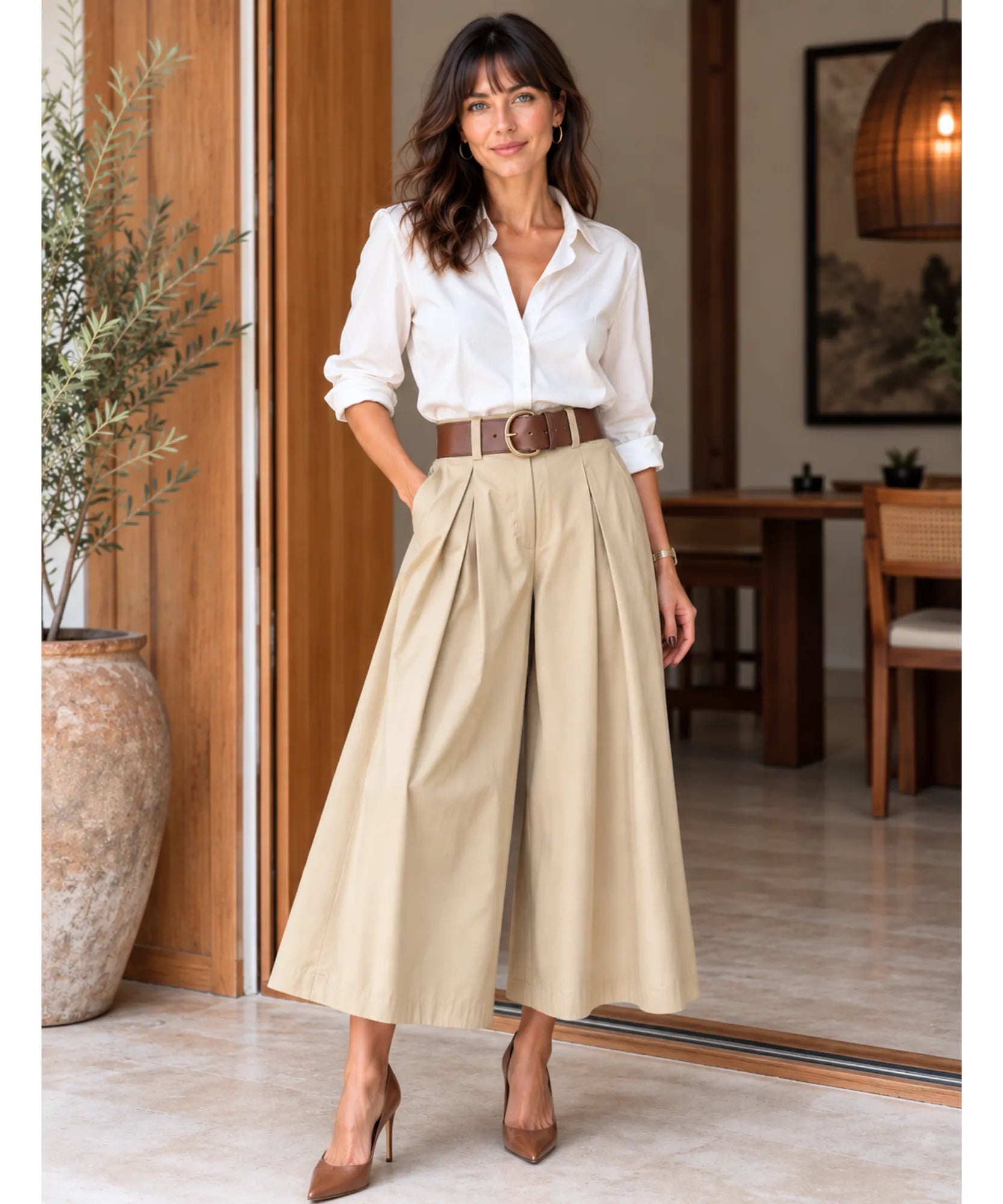 Comprar calça pantacourt feminina cintura alta com cinto bege barata Anellimn