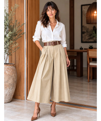 Comprar calça pantacourt feminina cintura alta com cinto bege barata Anellimn