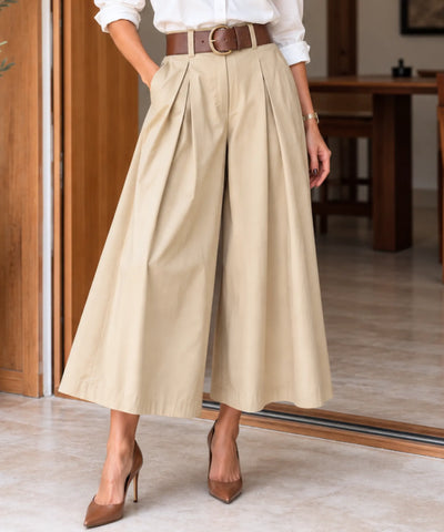 Comprar calça pantacourt feminina ampla com pregas bege barata Anellimn