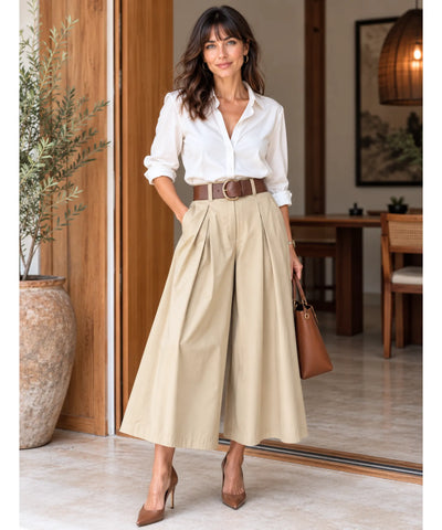 Comprar calça pantacourt feminina elegante com cinto bege barata Anellimn