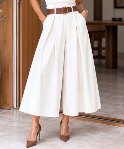 Comprar calça pantacourt feminina cintura alta com pregas branca barata Anellimn