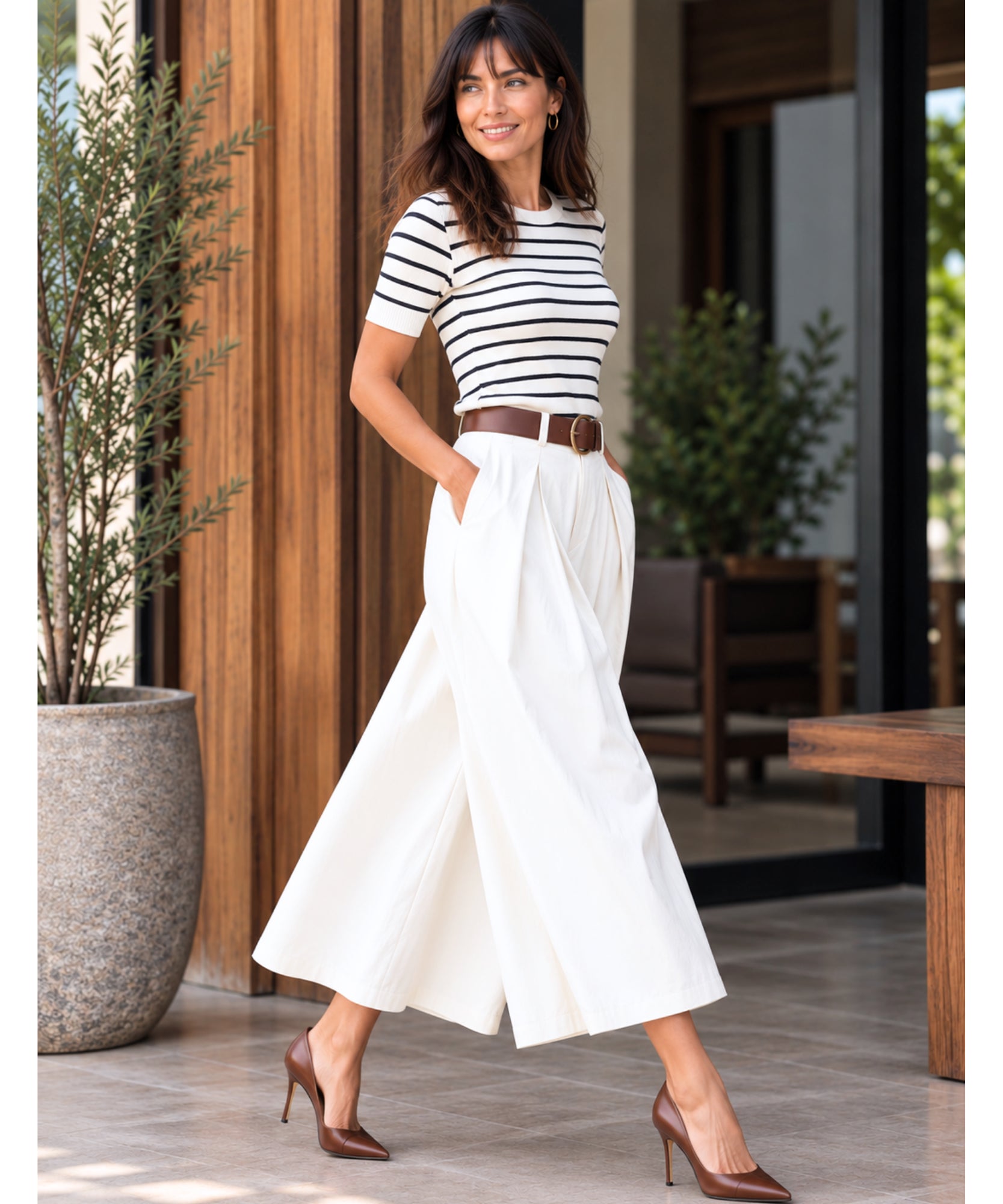 Comprar calça pantacourt feminina casual com cinto branca barata Anellimn