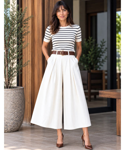 Comprar calça pantacourt feminina ampla com pregas branca barata Anellimn