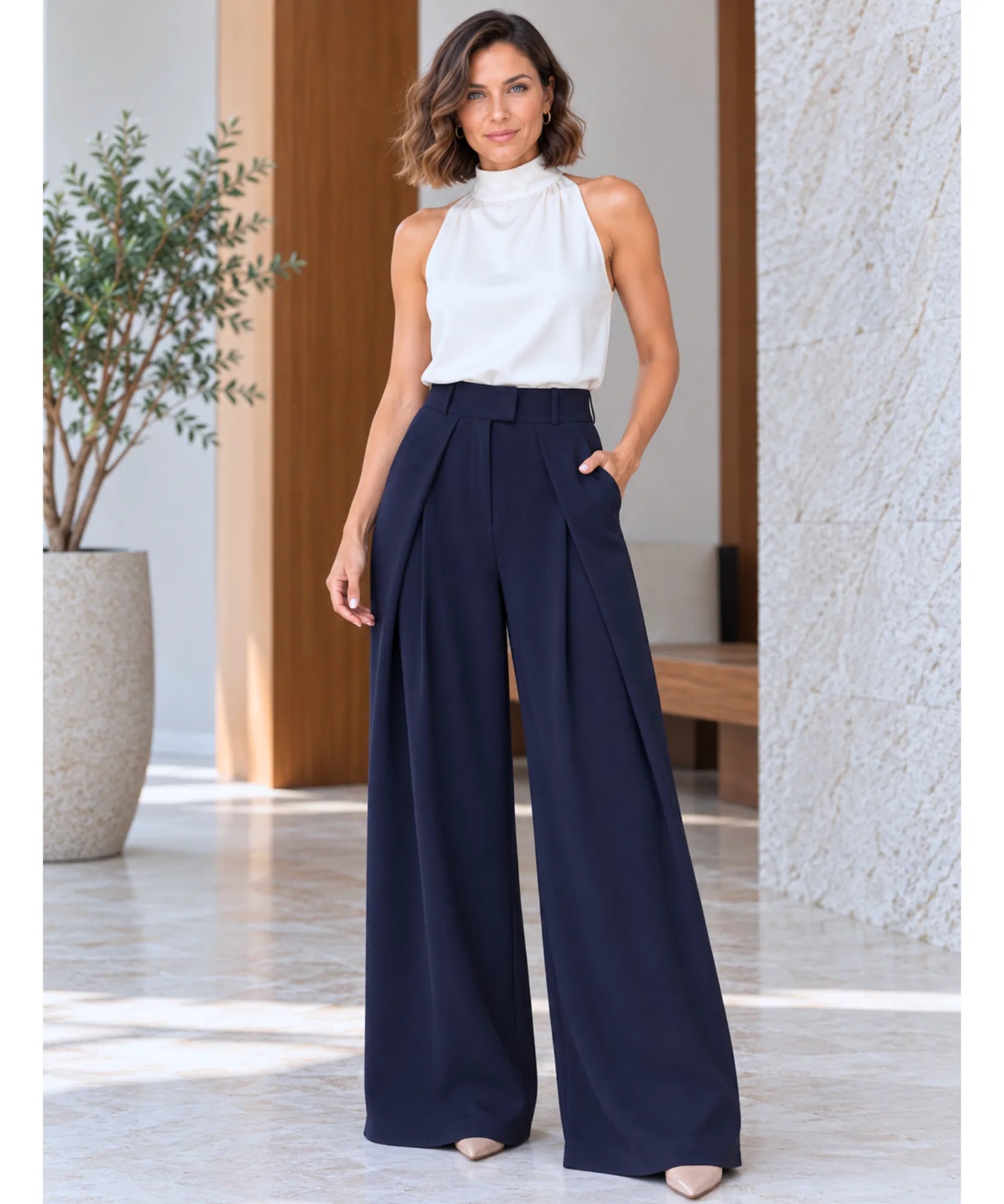 Comprar calça pantalona alfaiataria cintura alta azul marinho em promoção Anellimn