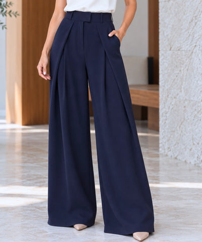 Comprar calça pantalona alfaiataria com pregas azul marinho em promoção Anellimn