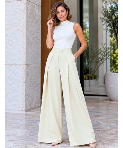Comprar calça pantalona alfaiataria cintura alta bege em promoção Anellimn