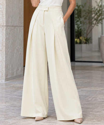 Comprar calça pantalona alfaiataria com pregas bege em promoção Anellimn