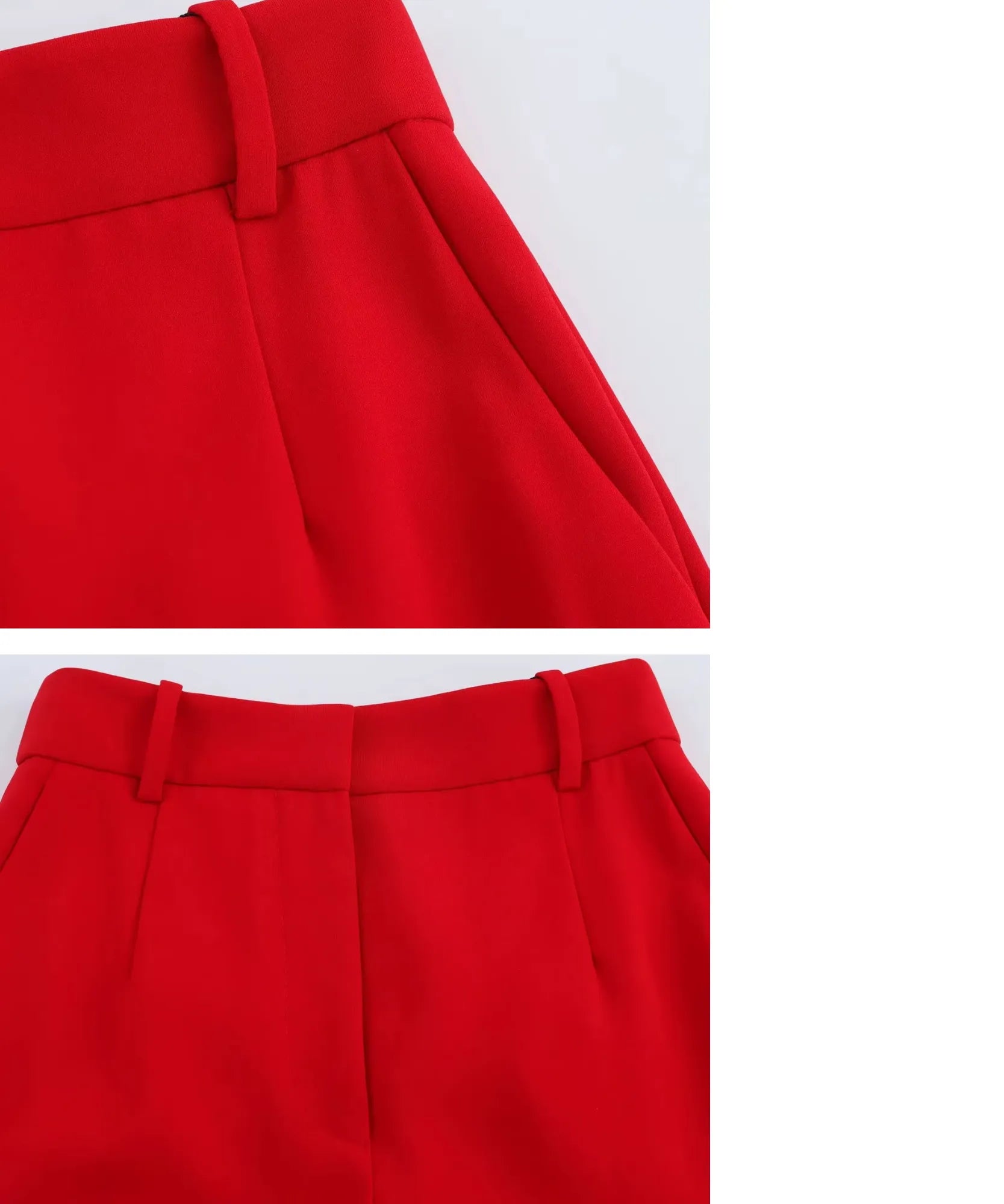 Macro das pregas frontais e da presilha para cinto da calça pantalona alfaiataria feminina vermelha