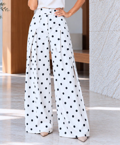 Comprar calça pantalona alfaiataria com pregas poá branco em promoção Anellimn