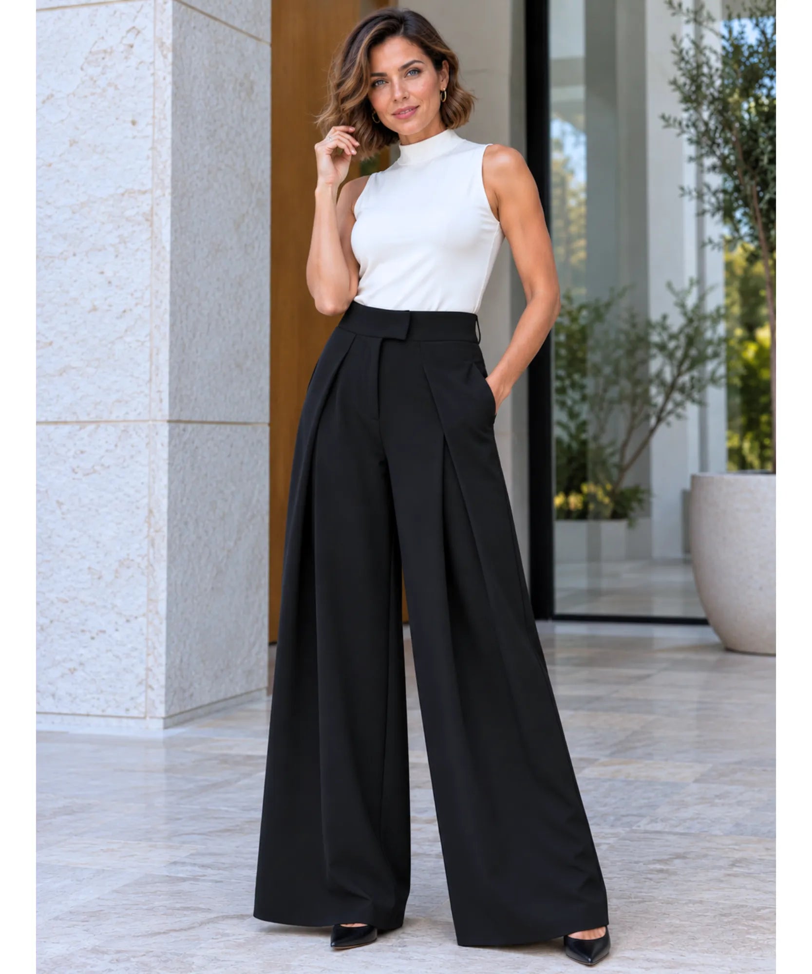 Comprar calça pantalona alfaiataria cintura alta preta em promoção Anellimn