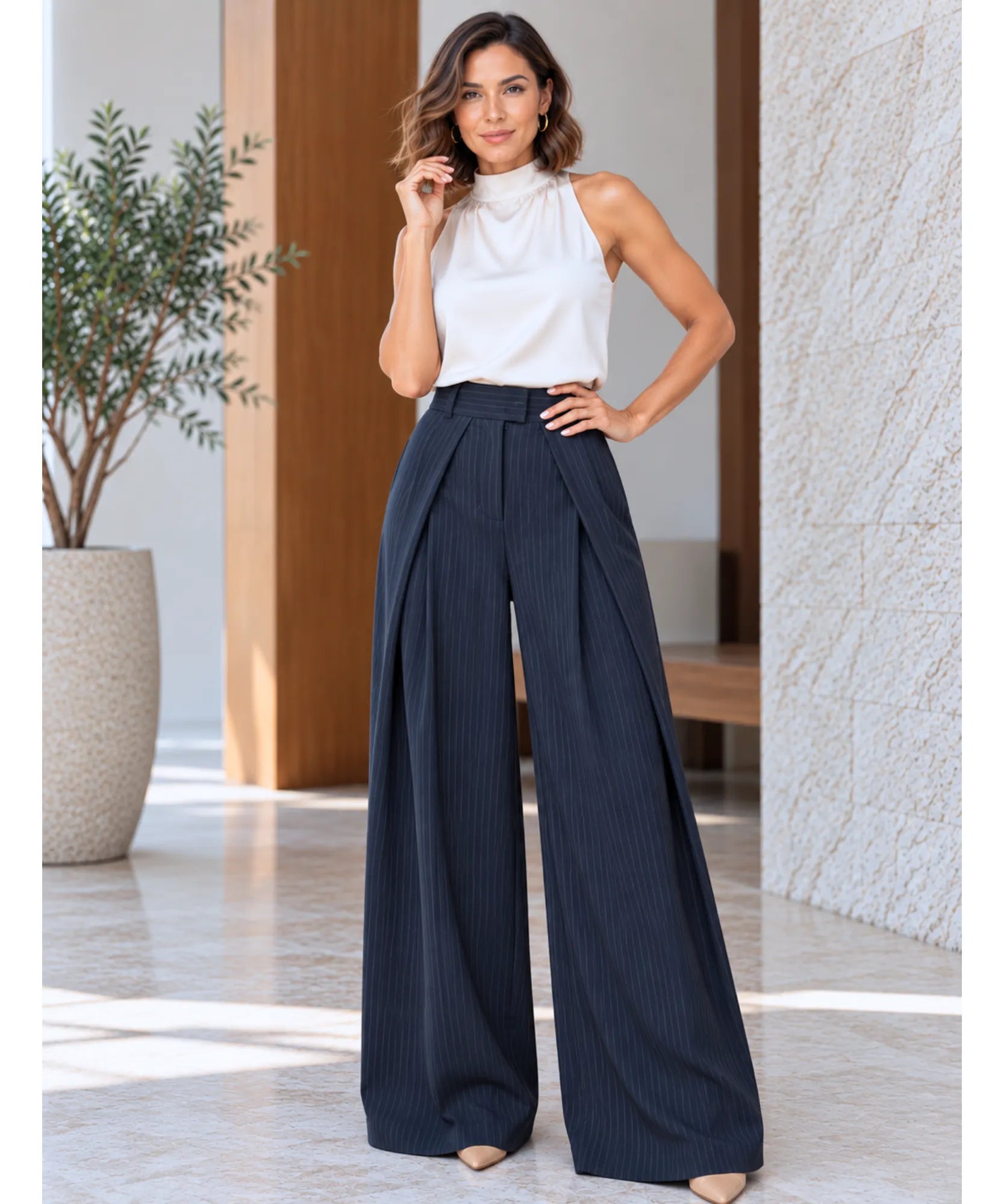 Comprar calça pantalona alfaiataria cintura alta risca de giz em promoção Anellimn
