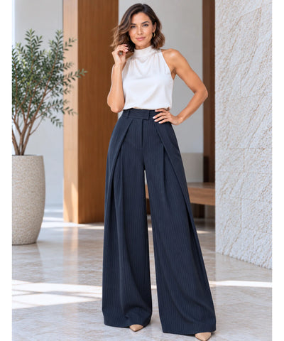 Comprar calça pantalona alfaiataria cintura alta risca de giz em promoção Anellimn