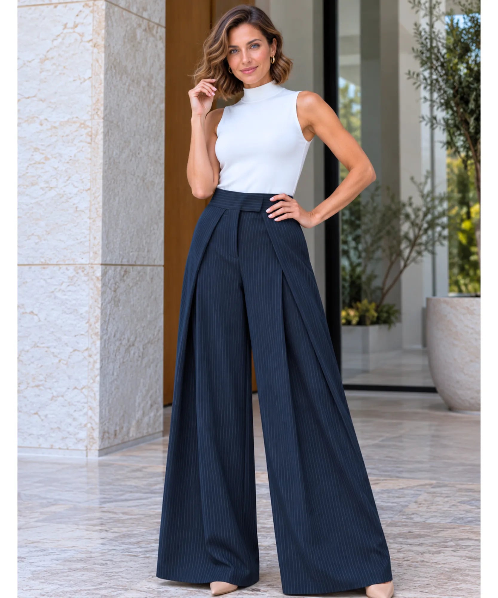 Comprar calça pantalona alfaiataria cintura alta risca de giz azul em promoção Anellimn