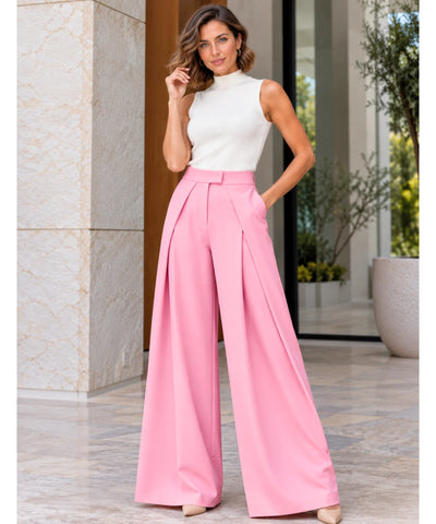 Comprar calça pantalona alfaiataria cintura alta rosa em promoção Anellimn