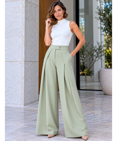 Comprar calça pantalona alfaiataria cintura alta verde menta em promoção Anellimn