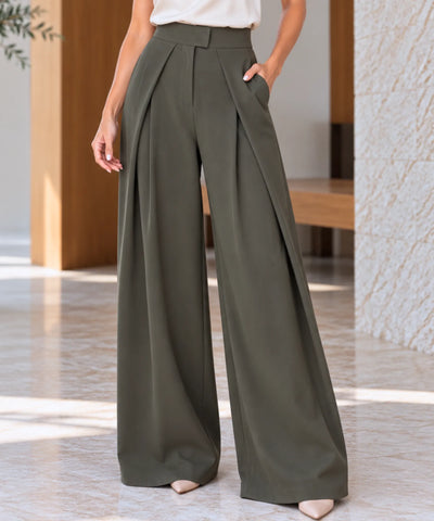 Comprar calça pantalona alfaiataria com pregas verde militar em promoção Anellimn