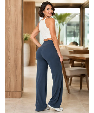 Calça pantalona cós alto azul petróleo vista de costas