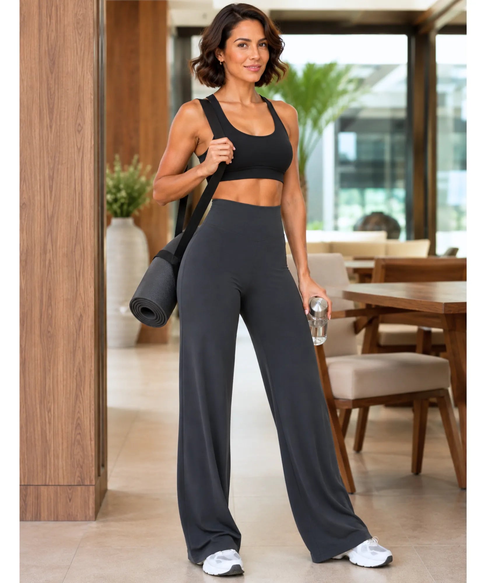 Comprar calça pantalona cós alto feminina grafite em promoção Anellimn