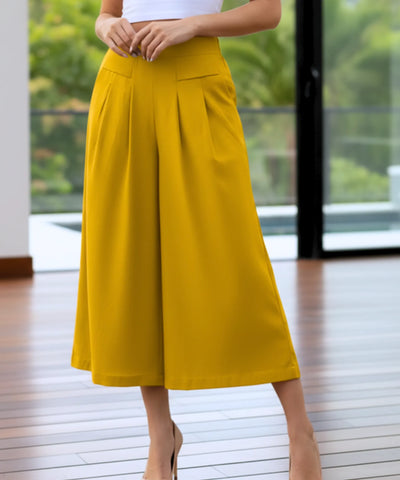 Comprar calça pantalona feminina algodão midi cintura alta com pregas frontais e bolsos em promoção ZARA