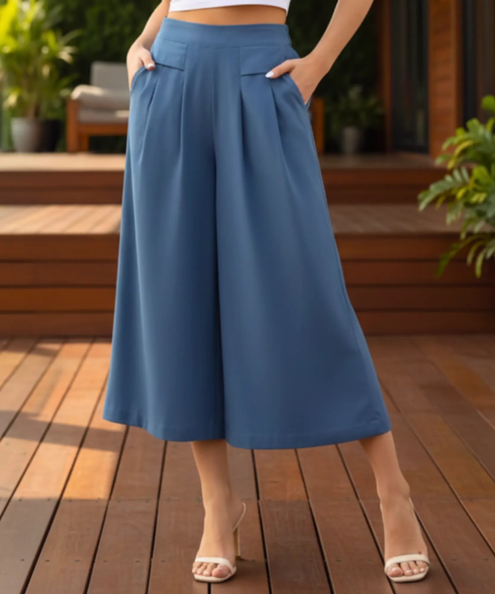 Comprar calça pantalona feminina algodão midi cintura alta com pregas frontais e bolsos em promoção ZARA