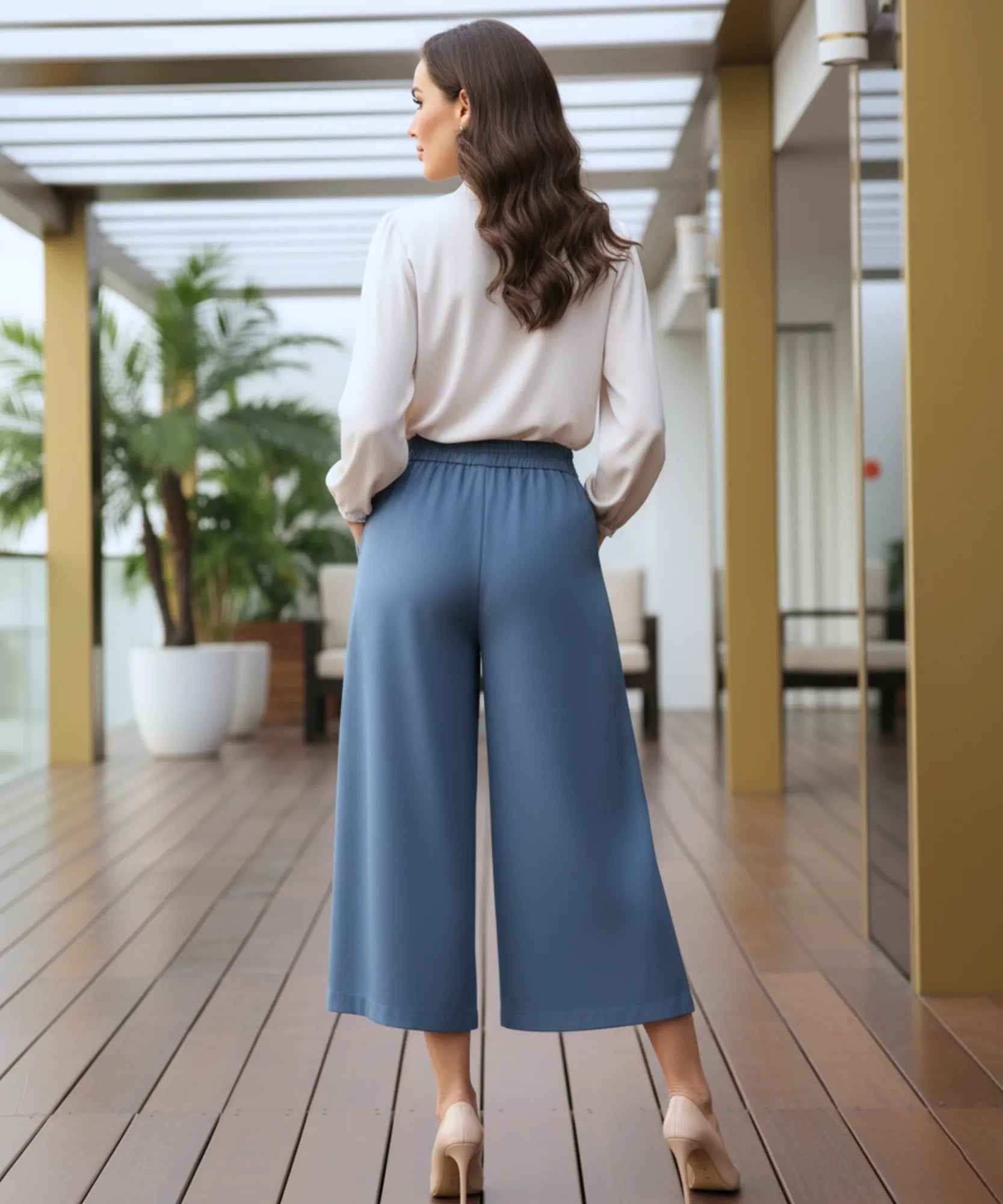 Comprar calça pantalona feminina algodão midi cintura alta com pregas frontais e bolsos em promoção ZARA