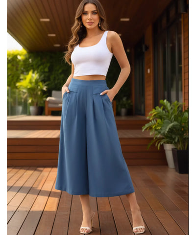 Comprar calça pantalona feminina algodão midi cintura alta com pregas frontais e bolsos em promoção ZARA