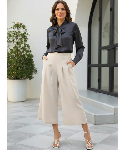 Comprar calça pantalona feminina algodão midi cintura alta com pregas frontais e bolsos em promoção ZARA