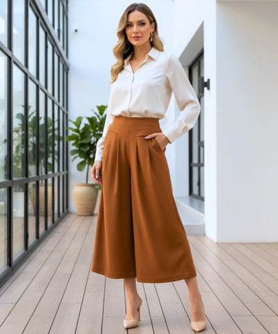 Comprar calça pantalona feminina algodão midi cintura alta com pregas frontais e bolsos em promoção ZARA