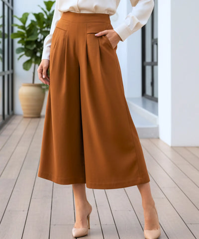 Comprar calça pantalona feminina algodão midi cintura alta com pregas frontais e bolsos em promoção ZARA