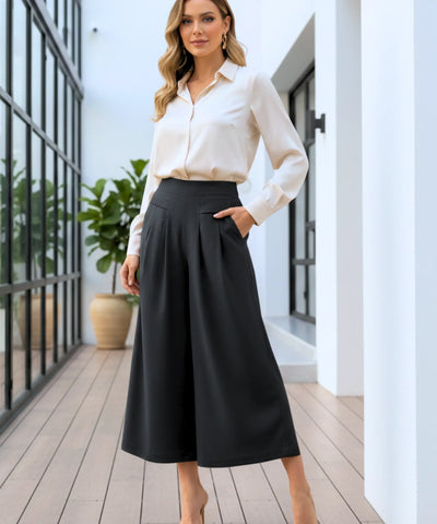 Comprar calça pantalona feminina algodão midi cintura alta com pregas frontais e bolsos em promoção ZARA