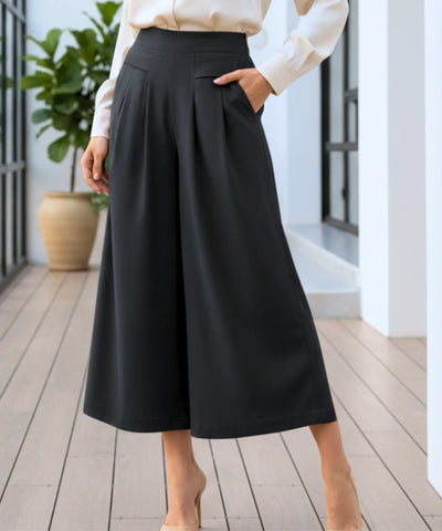 Comprar calça pantalona feminina algodão midi cintura alta com pregas frontais e bolsos em promoção ZARA