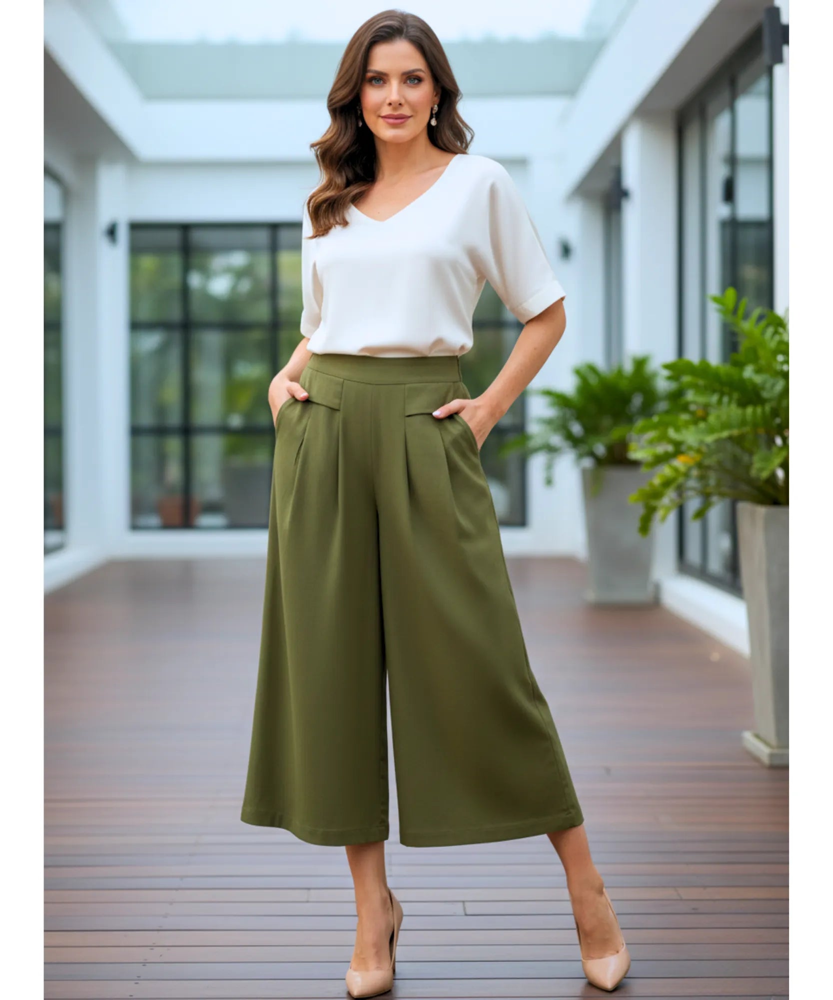 Comprar calça pantalona feminina algodão midi cintura alta com pregas frontais e bolsos em promoção ZARA