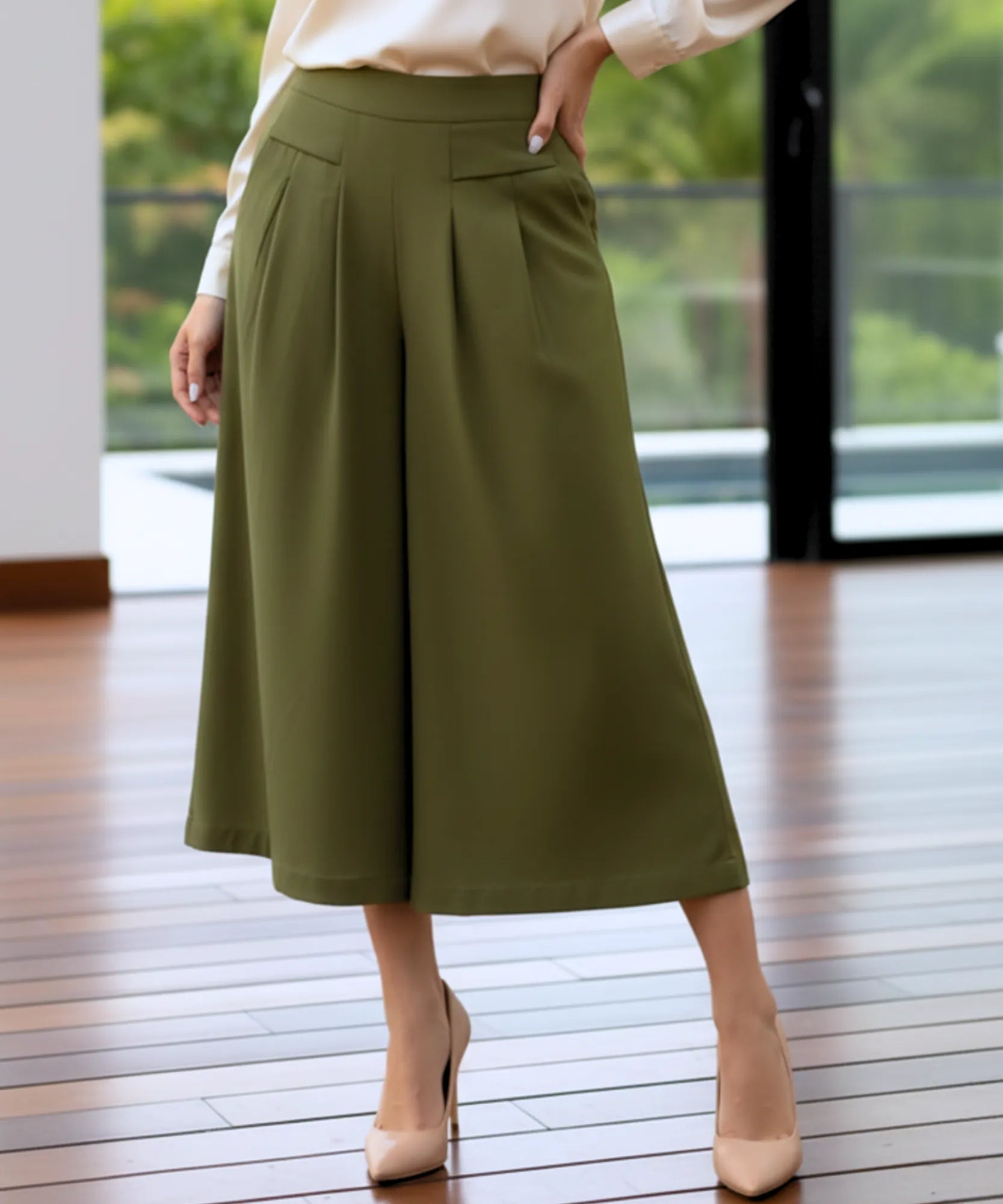 Comprar calça pantalona feminina algodão midi cintura alta com pregas frontais e bolsos em promoção ZARA